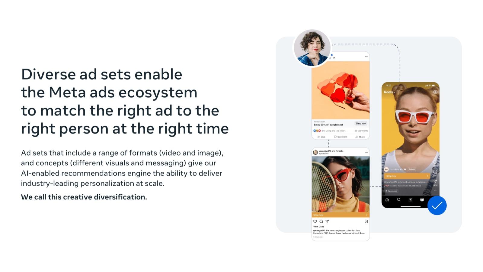 BFCM 2026 creative playbook by Meta, slide 4: Diverse ad sets let Meta match the right ad to the right person