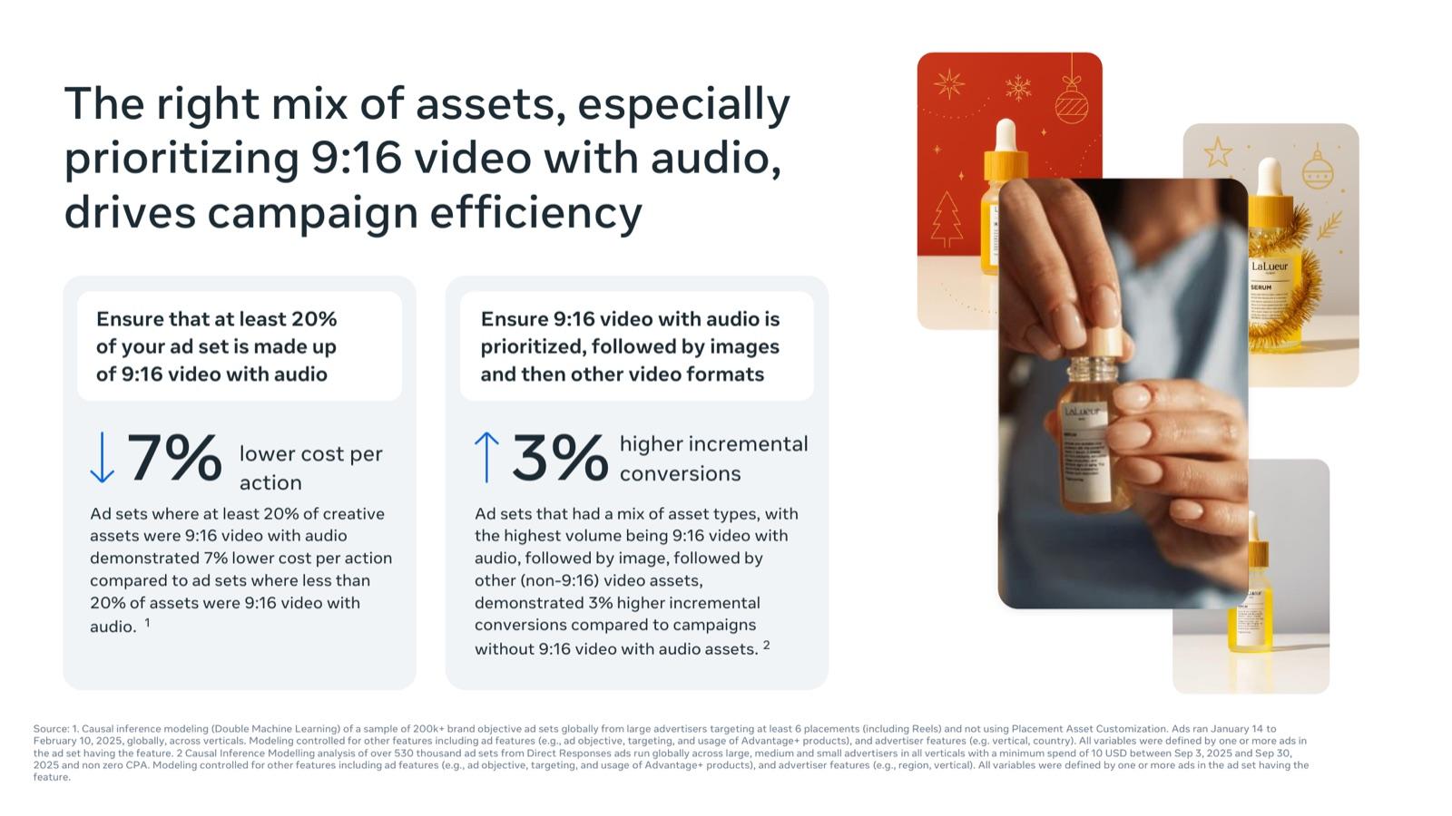 BFCM 2026 creative playbook by Meta, slide 11: The right mix of assets, especially prioritizing 9:16 video with audio, drives campaign efficiency
