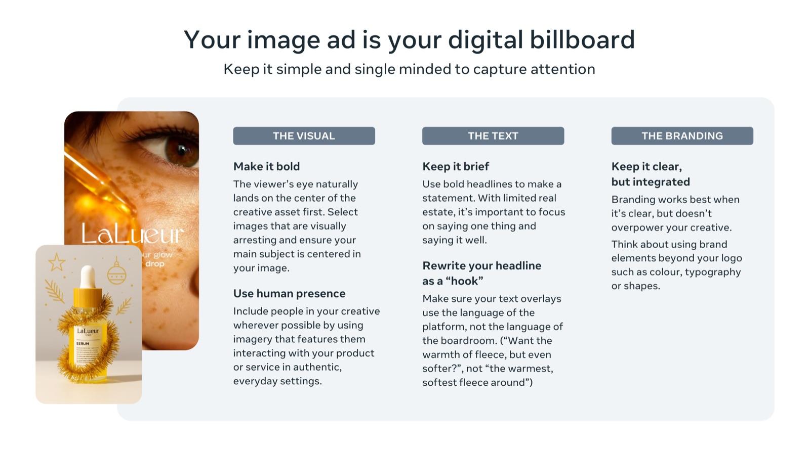 BFCM 2026 creative playbook by Meta, slide 16: Your image ad is your digital billboard