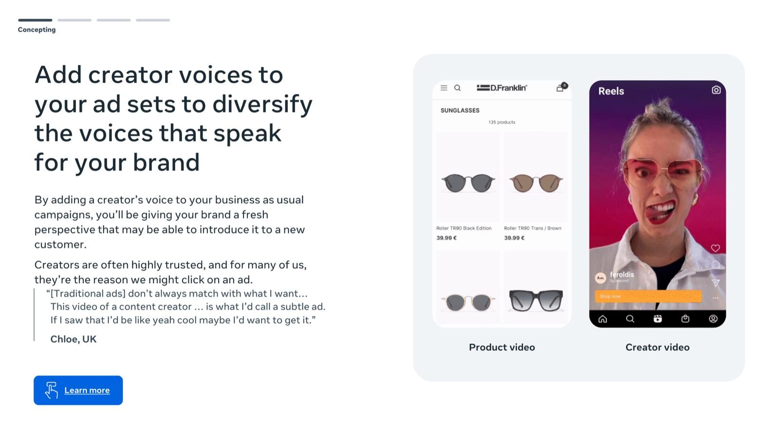 BFCM 2026 creative playbook by Meta, slide 29: Add creator voices to your ad sets to diversify the voices that speak for your brand
