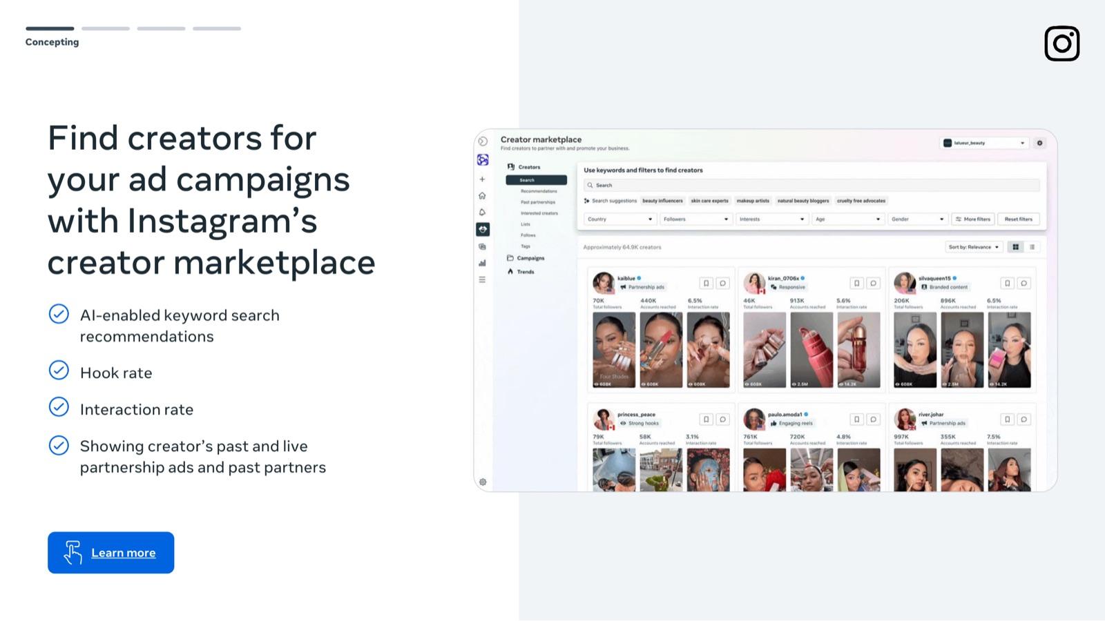 BFCM 2026 creative playbook by Meta, slide 31: Find creators with Instagram's creator marketplace