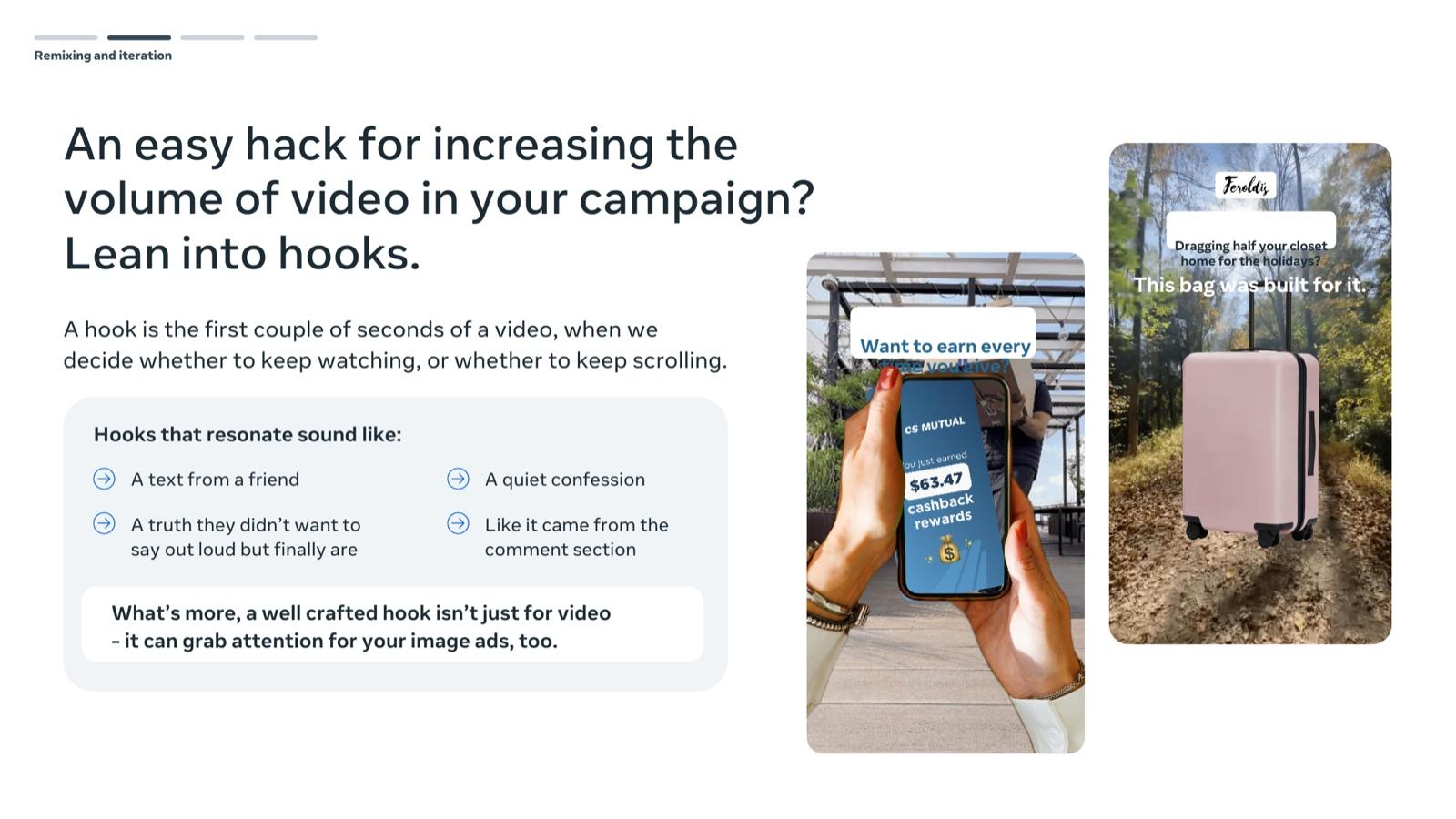 BFCM 2026 creative playbook by Meta, slide 33: Lean into hooks