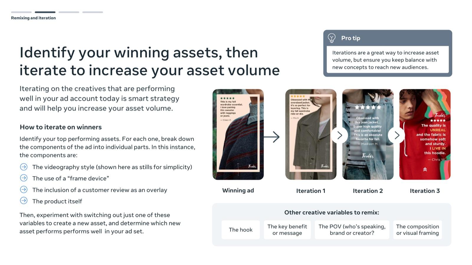 BFCM 2026 creative playbook by Meta, slide 37: Identify your winning assets, then iterate