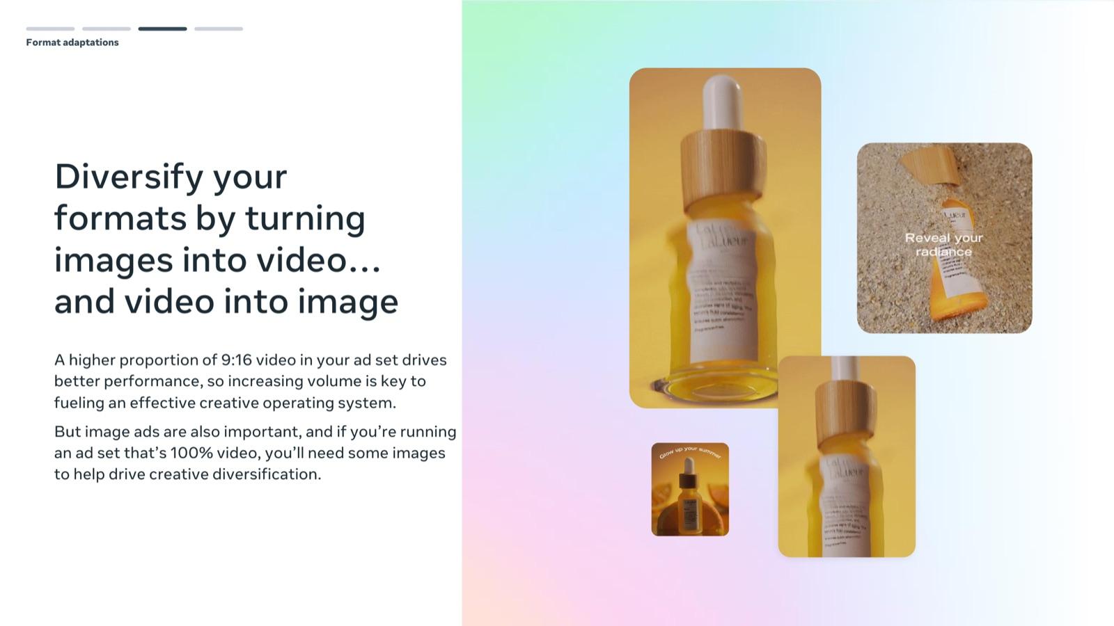 BFCM 2026 creative playbook by Meta, slide 38: Diversify your formats by turning images into video… and video into image