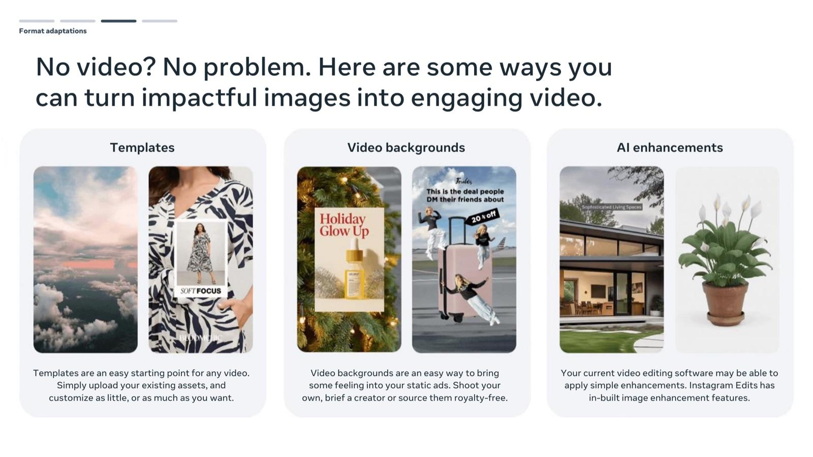 BFCM 2026 creative playbook by Meta, slide 39: No video? Turn images into video