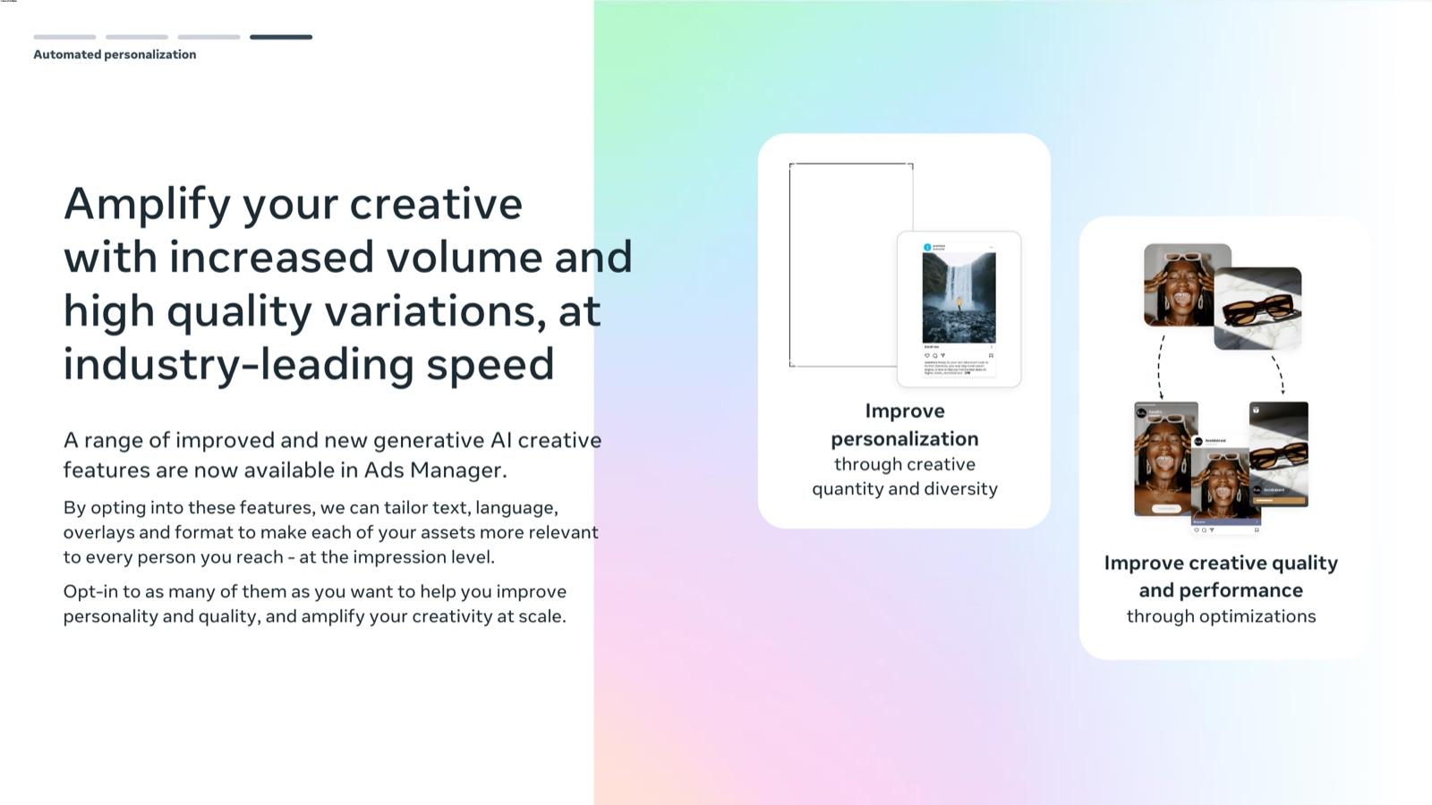 BFCM 2026 creative playbook by Meta, slide 44: Amplify your creative with increased volume and high quality variations, at industry-leading speed