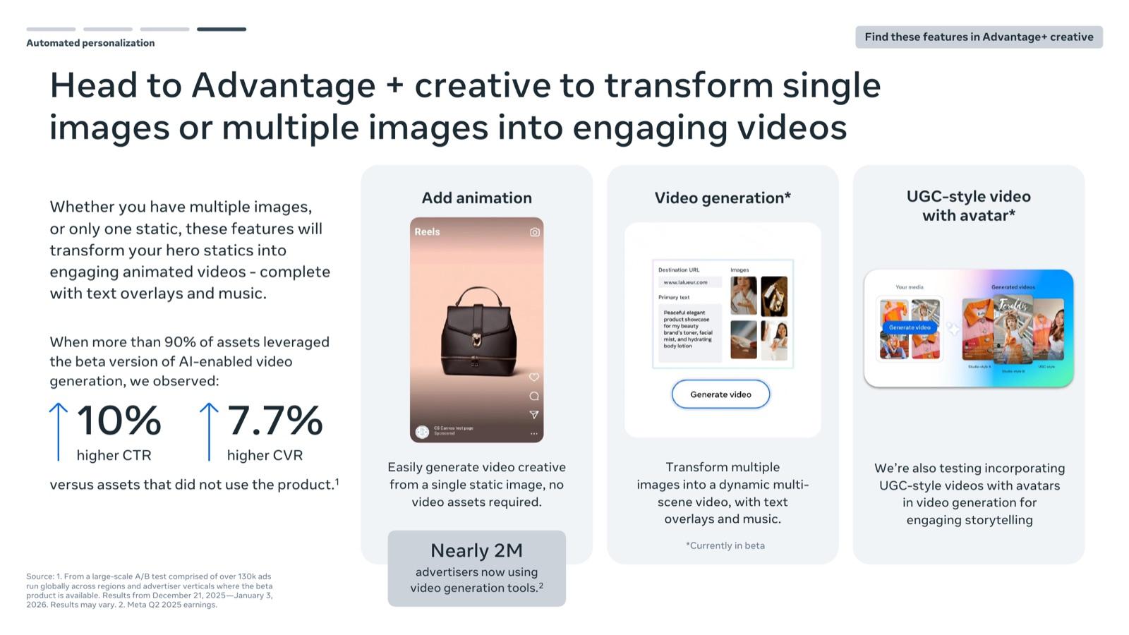 BFCM 2026 creative playbook by Meta, slide 45: Turn single or multiple images into video with Advantage+ creative