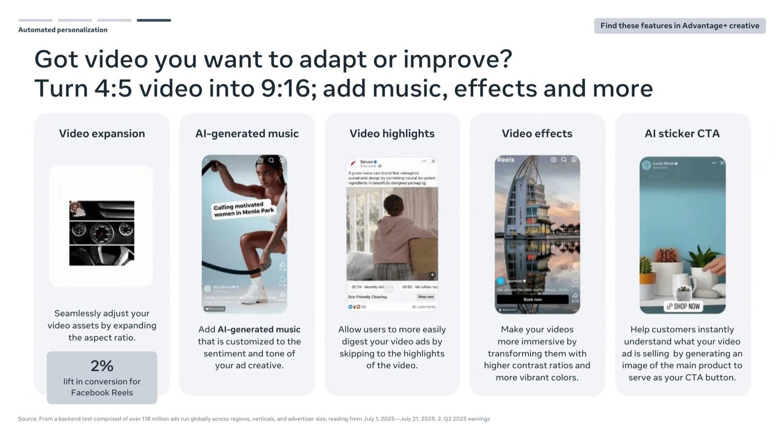 BFCM 2026 creative playbook by Meta, slide 46: Adapt or improve video with Advantage+ creative