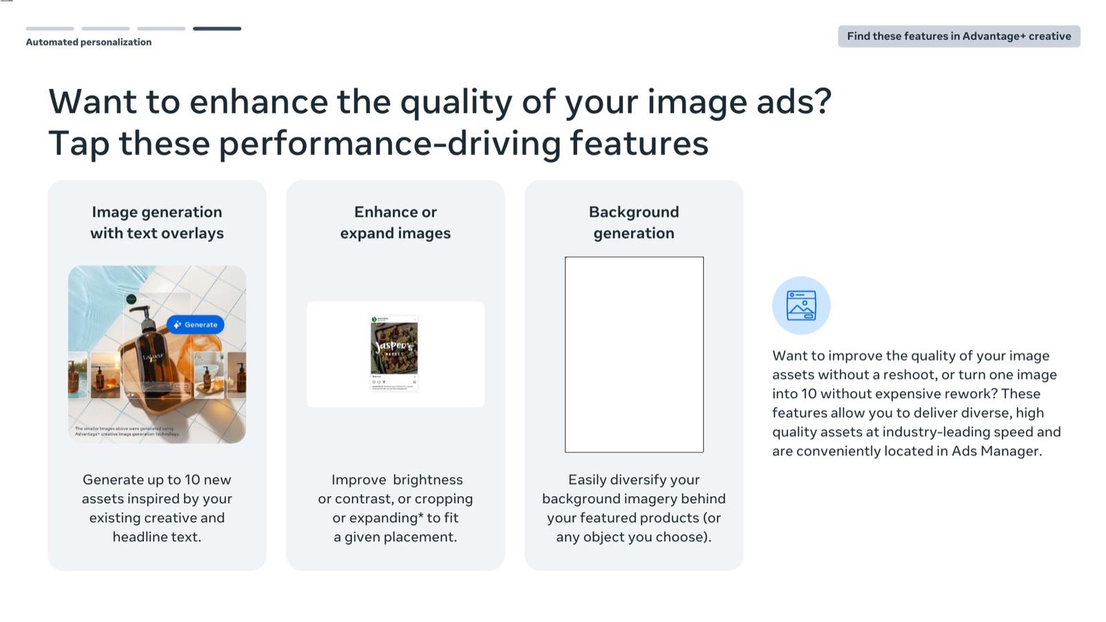 BFCM 2026 creative playbook by Meta, slide 48: Enhance image ads with Advantage+ creative