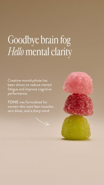 Health and wellness ad example: Creatine gummies brand fitness & nutrition static Meta ad, product image format. Three stacked gummies on a taupe field: goodbye brain fog, hello mental clarity, with a line on creatine monohydrate and a formulation-for-women note.