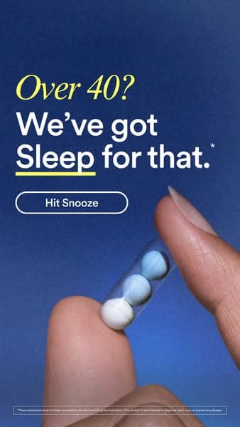 Health and wellness ad example: Sleep supplement brand supplements static Meta ad, product image format. Fingers hold a clear capsule of blue and white pellets on a deep blue field: over 40? we've got sleep for that, a hit-snooze button, a structure-function disclaimer at the foot.