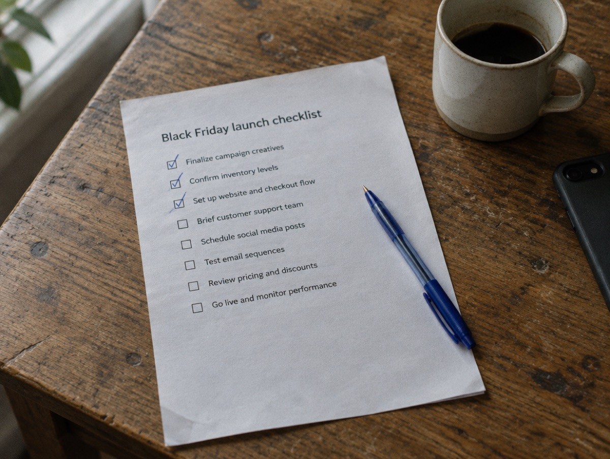 A printed Black Friday launch checklist on a wooden desk with three items ticked.