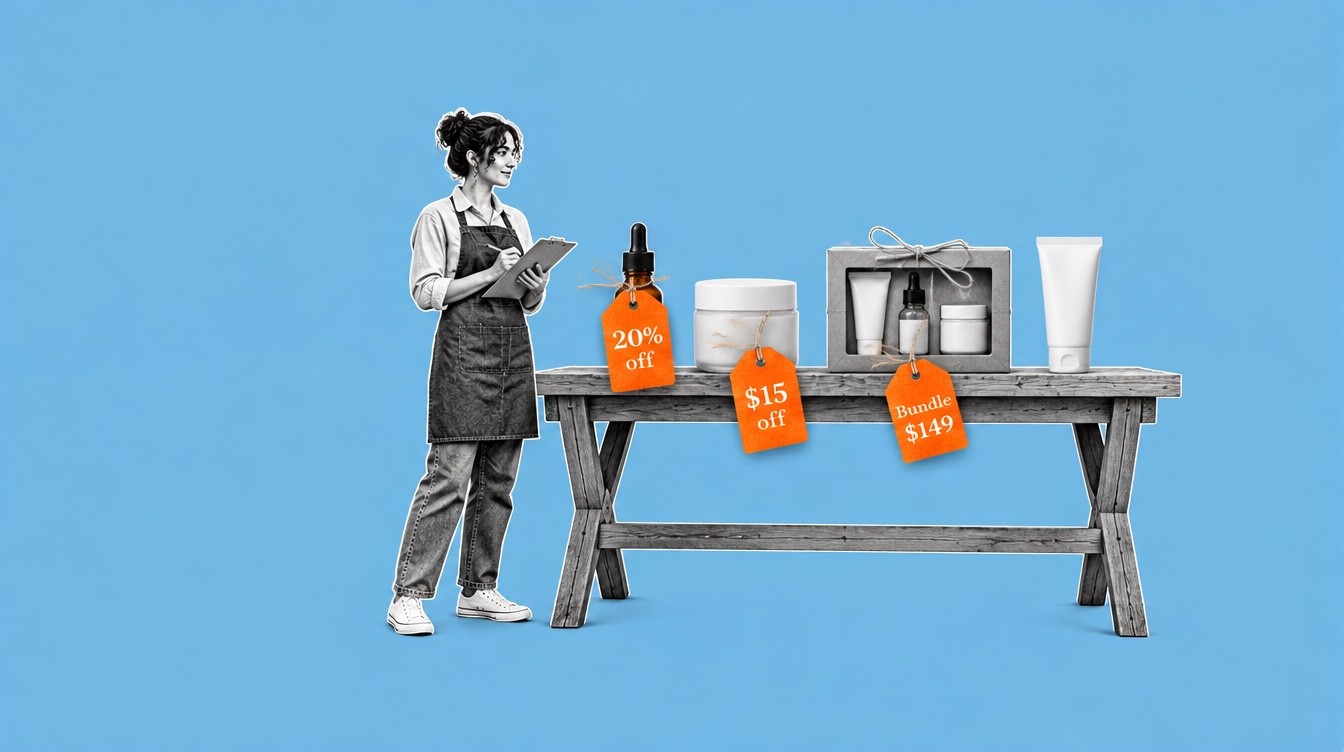 On sky blue, a black-and-white cut-out of a shop owner with a clipboard at a market table. Three skincare products carry orange tags reading 20% off, $15 off and Bundle $149; a fourth has no tag.