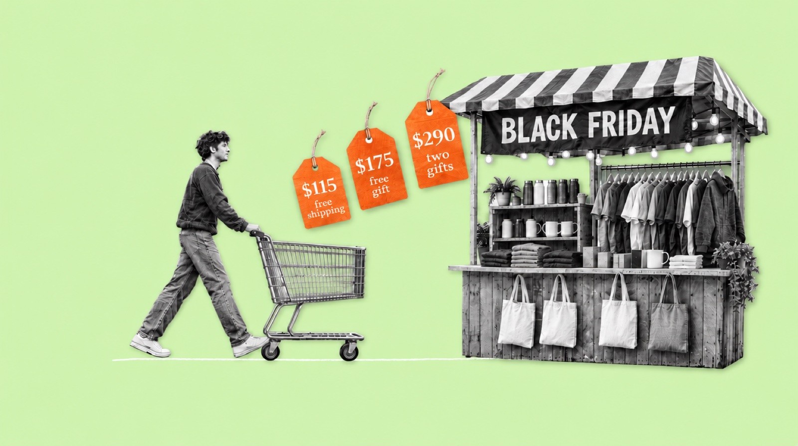 On pale lime green, a black-and-white cut-out of a man pushes a shopping cart toward a black-and-white Black Friday market stall; three orange price tags read $115 free shipping, $175 free gift and $290 two gifts.
