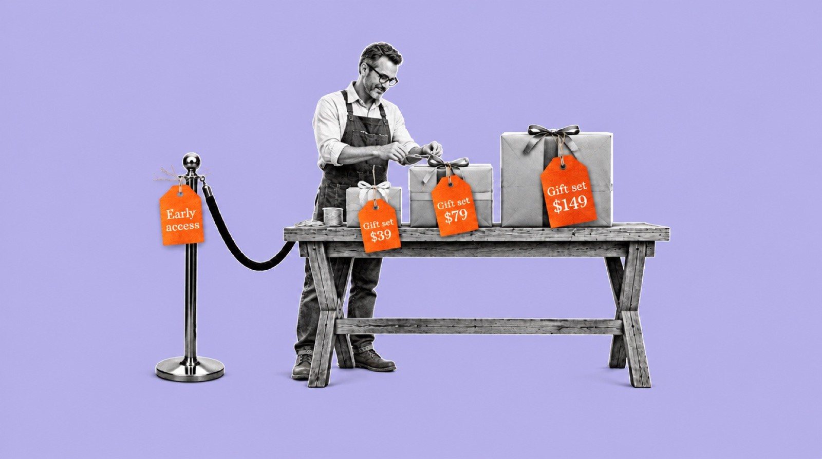 On lavender, a black-and-white cut-out of a bearded shop owner in glasses and an apron tying ribbon on three gift boxes on a market table. Orange tags read Gift set $39, $79 and $149; a velvet rope beside the table carries an orange Early access tag.