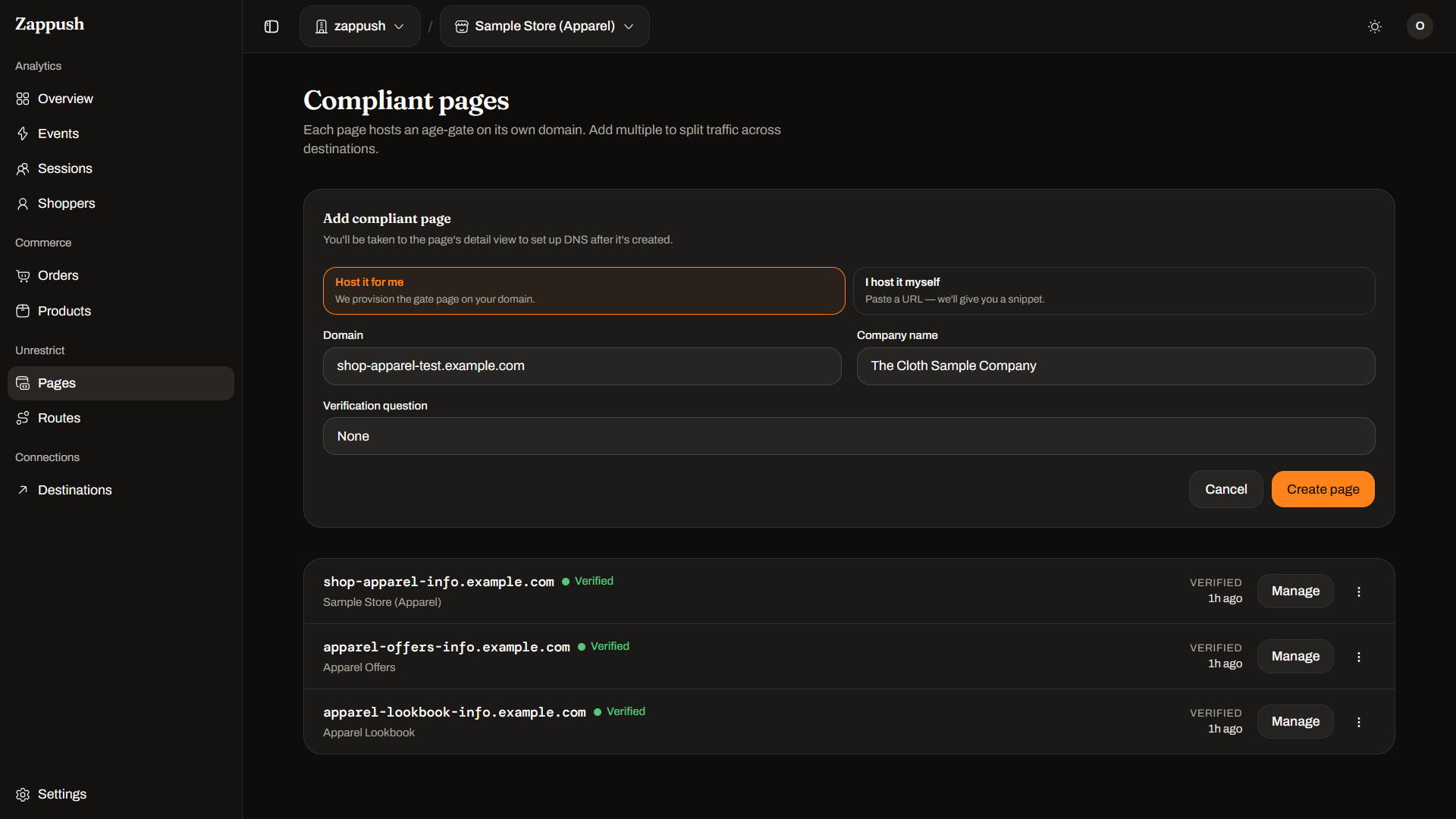The create-page form, with the host-it-for-me and host-it-myself choice plus domain and question fields
