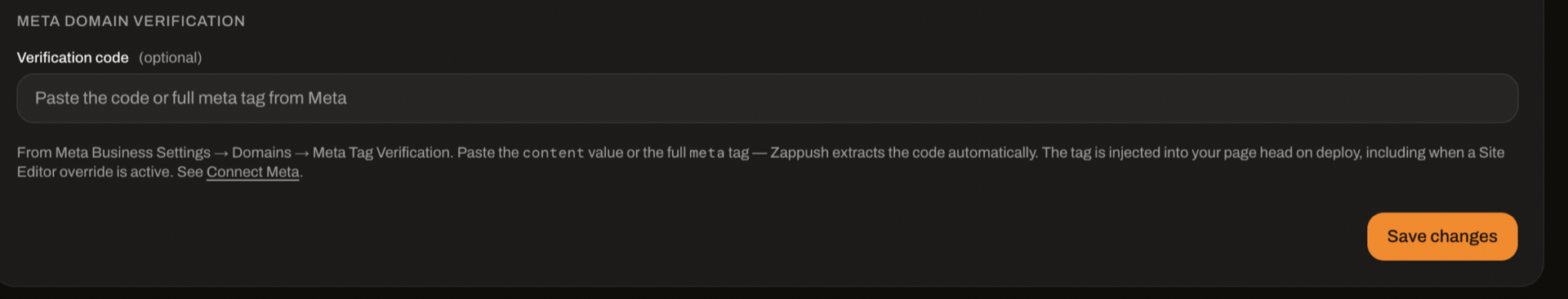 The Meta domain verification panel on a compliant page, with the verification code field and its Save changes button
